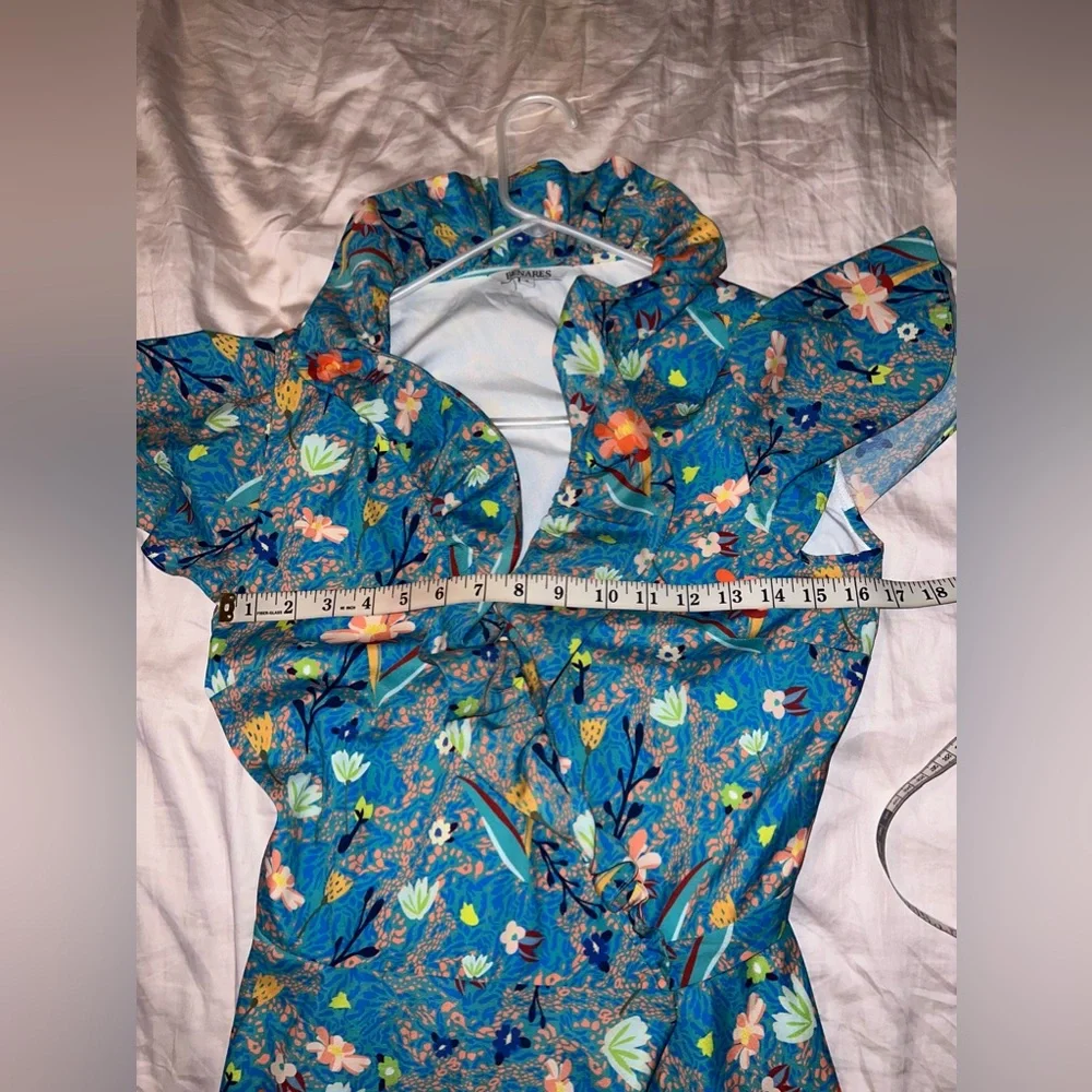 Benares Floral Wrap Maxi Dress Blue Orange Ruffle Detail Size S - Picture 6 of 6